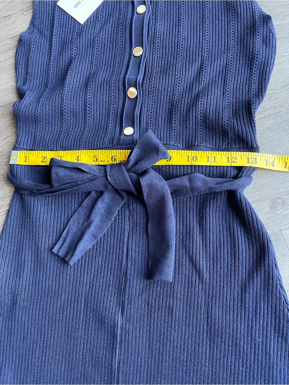 Lucky Brand Ribbed Knit Midi Dress XS Navy Gold Button Nautical Tie Belt NWT